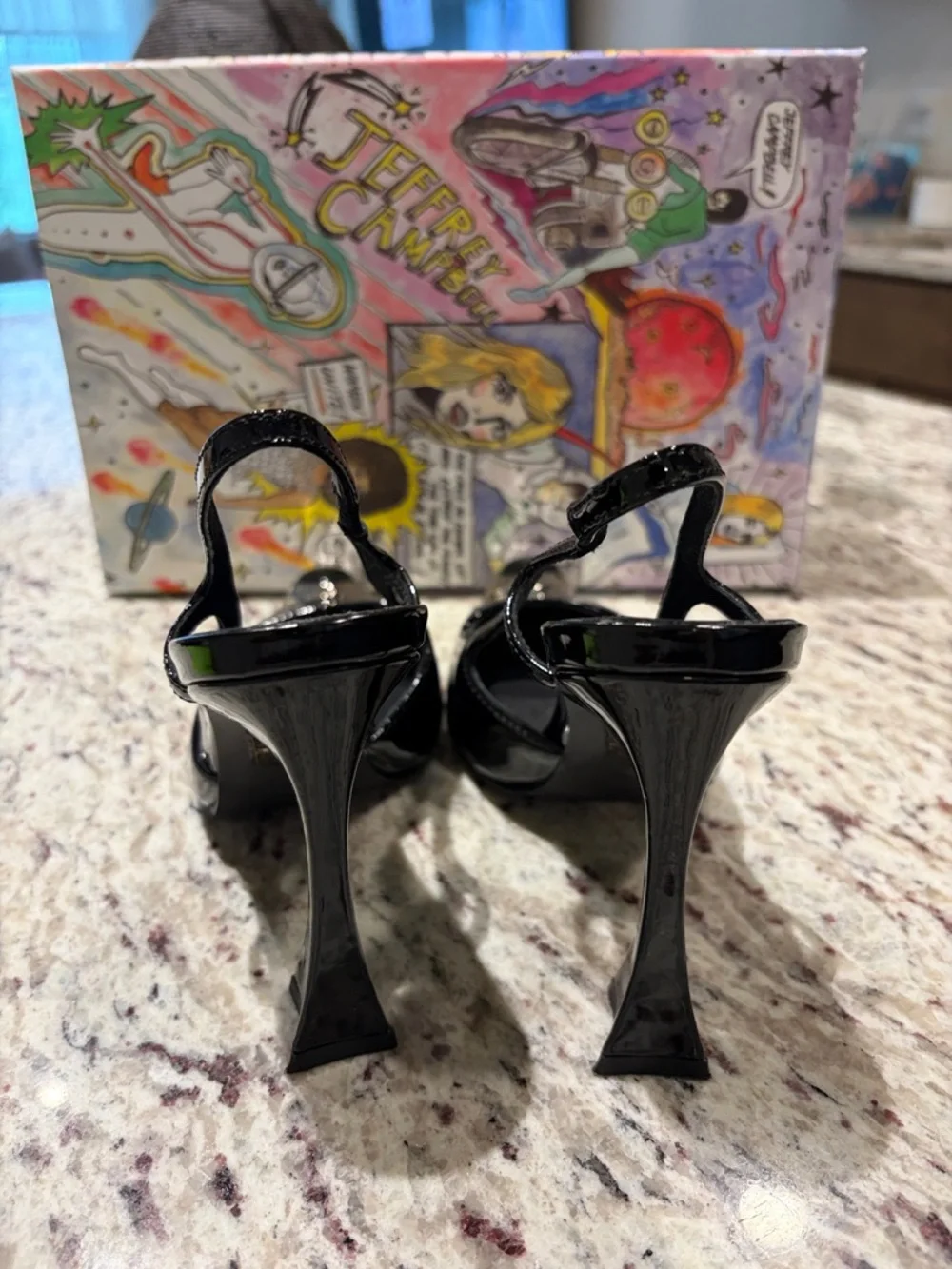 Jeffrey Campbell Black Patent Slingback Pumps with Silver Pointed Cap - Picture 2 of 4